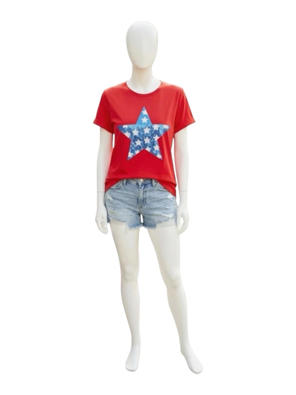 POODIT red loose soft sequin star patriotic tee S M L XL - Picture 1 of 6
